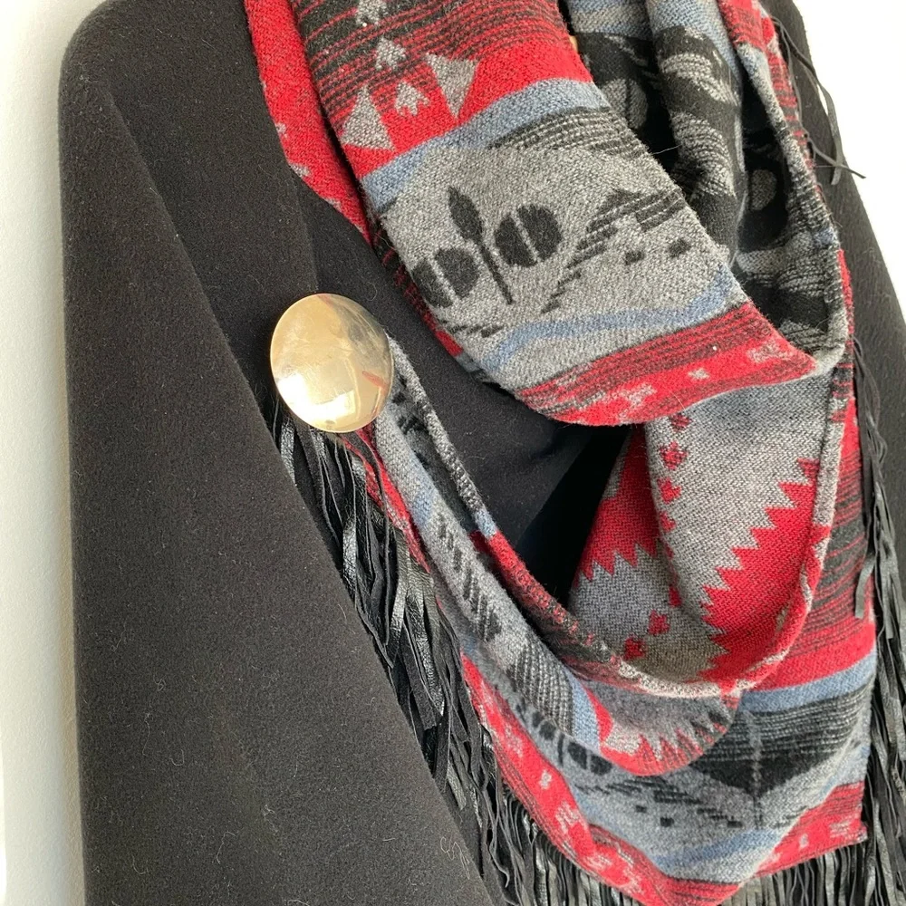 Pendleton Black Cape with Red and Gray Southwestern Shawl - Picture 3 of 7